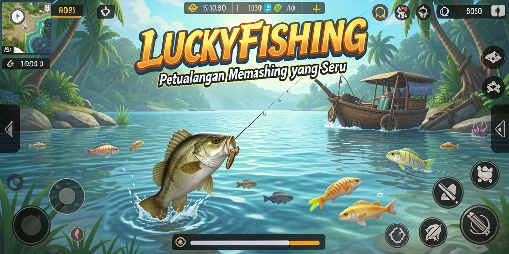 Tampilan gameplay seru saat memancing ikan raksasa di LUCKYFISHING.